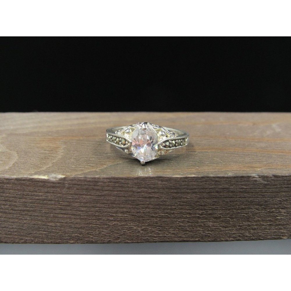 Size 7 Sterling Silver Oval Cubic Zirconia With Marcasite Band Ring